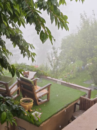 In Prini, India, on a foggy, rainy day, an outdoor seating area features two wooden chairs with green cushions on a patch of artificial turf. A yellow ceramic pot with small plants sits between the chairs, and a white planter with pink flowers is nearby. In the background, a table and chairs are visible, along with lush green foliage and trees obscured by the mist and rain.