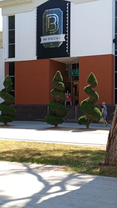 The image shows the facade of a building with a prominent sign featuring a stylized letter "B" and the text "вв пассаж" in Russian. The building has an orange-colored lower section and white upper section with windows. In front of the building, there are three spiral-shaped topiaries. To the right, a woman wearing a blue dress is walking away from the building, carrying a green shopping bag. The foreground shows a sidewalk with shadows cast by trees, and a grassy area. This scene is located on Lenin Avenue in Gelendzhik, Russia, as indicated by the text on the building's signage.