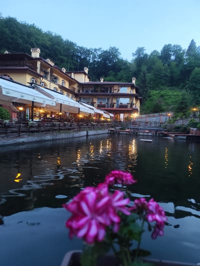 The image shows a picturesque scene in Kostenets, Bulgaria, featuring a waterside establishment. In the foreground, a cluster of vibrant pink flowers is out of focus, with their reflections subtly appearing in the dark water. The water body, likely a pond or a slow-moving river, is calm and reflects the lights from the buildings and lamps lining its edge.

Behind the water, a multi-story building with a yellow facade and red tile roofs stands prominently. This building appears to be a hotel or restaurant, with numerous windows and balconies visible. Along the ground floor, a series of white awnings are extended over outdoor seating areas, suggesting a dining or lounging space. Several warm-toned lamps are lit, casting a soft glow and their reflections onto the water's surface. A rustic wooden fence separates the seating area from the water.

Behind the building, a densely forested hill rises steeply, with lush green trees covering its entirety. The sky above is a pale blue, indicative of either early morning or late evening twilight. The overall atmosphere is serene and tranquil, capturing the natural beauty of the location combined with the architectural charm of the establishment.