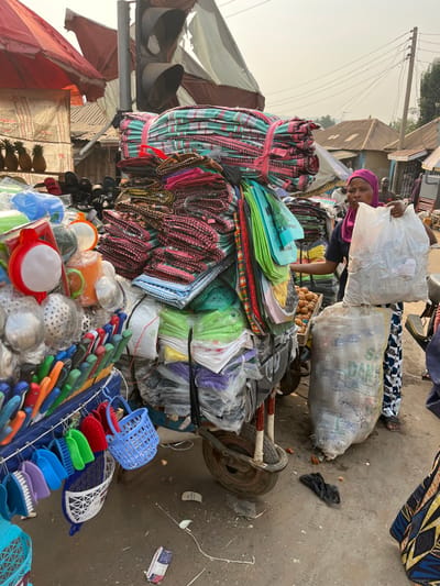 A person with a headscarf stands behind a cart piled high with goods. Bundles of tied textiles in red, white, and green, and stacks of colored shopping bags are visible. Below are household items like colanders, colorful brushes, and small plastic baskets. The cart appears to be loaded with a white sack and another large bag. The background features other stalls and structures. The photograph is taken outdoors in what appears to be a bustling marketplace.