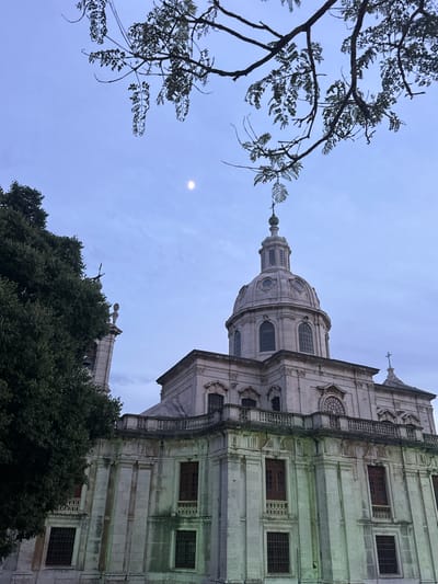 The image depicts the Monastery of São Vicente de Fora in Lisbon, Portugal, during twilight. A large, mature tree with dark green foliage dominates the left side of the frame. The monastery, constructed from light-colored stone, features classical architectural elements, including columns, arches, and a prominent dome with arched windows. A slender, light-colored tower with a statue on top is visible to the left of the main building. The sky above is a muted blue, with a pale moon visible in the upper center of the image, and a branch of a leafy tree hangs in the foreground from the top of the frame. The overall lighting suggests the time of day is either dawn or dusk.