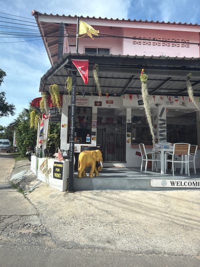 This is a landscape-oriented, eye-level, outdoor shot of a shopfront in Ko Samui, Thailand. The shop appears to be a cafe or restaurant, with tables and chairs set up outside. A golden elephant statue stands to the right of the entrance, and a sign that reads "MOTORBIKE FOR RENT" is visible. There are also signs for "CHEESE FONDUE," "PIZZA," "PASTA," and "BURGER," suggesting a diverse menu. Small flags, including what appears to be the Swiss flag, are strung across the front of the shop. A "WELCOME" sign is also prominently displayed. The building itself is painted pink with a dark-colored roof. Hanging plants add a touch of greenery to the scene. The sky is visible in the background, with some clouds. The image is taken during the daytime, with ample sunlight casting shadows on the ground, indicating a clear and possibly warm day. The overall impression is a welcoming and somewhat eclectic shop in a tropical location.