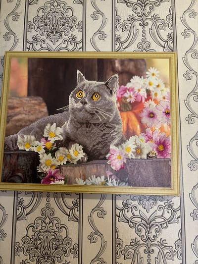 The image displays a framed diamond painting of a gray cat with yellow eyes, resting amidst a bouquet of pink and white daisies. The painting is hung on a wall with ornate damask wallpaper in shades of gray and white. The lighting suggests an indoor setting. There is no indication of the city of Ильпанур, Russia, in the provided image.