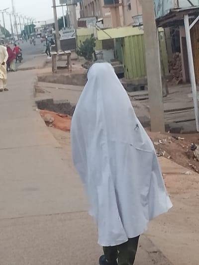 The image captures a street scene in Pantame, Nigeria, under an overcast sky. The foreground is dominated by the back of a person wearing a full-length white garment, possibly a hijab or abaya, which obscures their body. The person is facing away from the camera, walking on a paved road. To the left, a man in a cream-colored traditional outfit is partially visible, also walking away from the camera. Further down the street, a person in a red shirt is riding a motorcycle.
The environment appears to be a commercial or residential area with buildings and structures lining the road. One building has a green corrugated metal exterior. There are also utility poles and wires visible, suggesting an urban setting. The road itself shows signs of wear and tear, with some areas appearing unpaved or under construction. In the background, more buildings and a street with traffic are discernible. The overall impression is of a busy street in a Nigerian city, with everyday life unfolding.