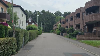 This is an eye-level, medium-shot, outdoor, daytime photograph taken on a street in Linköping, Sweden. The street is paved with asphalt and curves slightly to the left as it recedes into the distance. On the left side of the street, there is a row of neatly trimmed green hedges, behind which are several residential buildings. The building closest to the camera on the left appears to be a light-colored apartment building with multiple windows and a balcony. Further down the street on the left, a darker, gabled house is visible. A traffic sign with a red circle and "80" inside is mounted on a pole. On the right side of the street, a distinctive row of brick apartment buildings with curved balconies and rounded facades dominates the scene. These buildings have multiple windows and are surrounded by well-maintained landscaping, including hedges and small trees. The background consists of a dense line of tall green pine trees. The sky is overcast with scattered clouds. The image captures a residential street scene in what appears to be a suburban or quiet urban area. There are no people or vehicles visible in the frame.