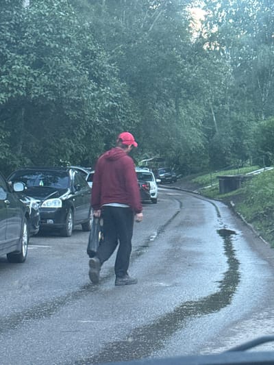 The media file captures a person wearing a red hoodie and a pink baseball cap walking along a wet road in Samara, Russia. The road appears to be winding and has puddles, suggesting it has recently rained or is still raining. The surrounding area is lush with green trees and foliage, indicating a natural or semi-rural setting.
The person is captured mid-stride, walking away from the camera, with their back to the viewer. They are dressed in dark pants and what appear to be hiking or work boots. The red hoodie and pink cap are the most vibrant elements in the otherwise muted tones of the scene. Several cars are parked along the side of the road, some are black, and one appears to be a white SUV. The overall atmosphere suggests a casual or perhaps a moment of pause during travel or a walk.
The lighting suggests it is daytime, possibly late afternoon or early evening, given the diffused sunlight filtering through the trees and the wet appearance of the road. There are no discernible emotions visible due to the subject's posture and the distance from the camera. The setting is clearly urban or suburban, given the presence of parked cars and the paved road. No text is visible in the image.