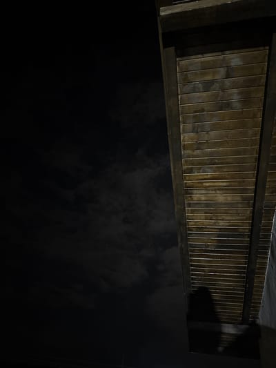 A low-angle shot looking up at a wooden structure in Ralevo, Bulgaria. The structure consists of closely spaced vertical wooden planks with horizontal supports at the top and bottom. The planks are dark with varying textures, and some appear wet. The upper portion of the image is dominated by the wooden structure. Below, a dark, partially obscured area resembling a body of water or dark ground is visible, with subtle patterns suggesting a slight haze or mist. A dark area on the right side frames the structure. The overall lighting is dim, emphasizing the textures and details of the wood.