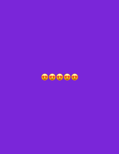 Five yellow emojis with heart eyes are arranged horizontally in a row. They are centrally located on a solid purple background. The emojis are equally spaced and face forward. The background is uniform in color and texture.