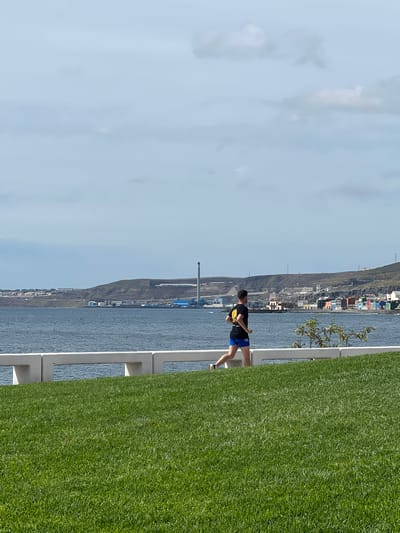 The image captures a scene in Las Palmas, Spain. A man dressed in a black shirt with yellow print and blue shorts stands on a sidewalk, looking out over the water. A grey concrete railing separates the sidewalk from the water, and beyond the water is a rocky, elevated landscape topped with buildings and urban structures. To the man's right is a large patch of green grass or turf. The sky is light blue with some scattered clouds.