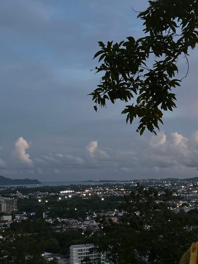 An aerial view of Ratsada, Thailand, captured at dusk. In the foreground, a dark tree branch with green leaves hangs into the frame from the upper right. The middle ground is filled with a sprawling cityscape, characterized by densely packed buildings and lush green trees. Numerous lights from the city illuminate the scene, suggesting the onset of evening. In the background, a body of water, likely the sea, is visible, with distant hills or islands on the horizon. The sky is a gradient of deep blue and grey, with scattered white clouds, one of which has an unusual, somewhat anthropomorphic shape. The overall atmosphere is serene and tranquil, with a hint of urban vibrancy due to the city lights.