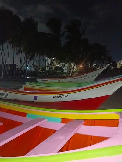 At night on a beach in Pampatar, Venezuela, several colorful fishing boats are docked. The boats, lined up facing the viewer, feature distinct color bands of red, white, yellow, green, and pink. Some boats have writing on their sides, such as "ARSH-PE-4809" and "ORANGELYS II." In the background, silhouetted palm trees sway against a dark sky with scattered lights, suggesting a coastal urban environment. The ground appears to be sand and grass.