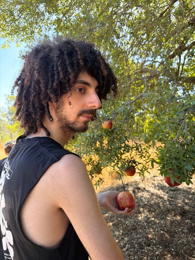 A young man with dark, curly hair is picking an apple from a tree. He is wearing a black sleeveless t-shirt. The man is holding the apple in his left hand. He is looking to the right, and his face is partially obscured by his hair. The background is a blur of green leaves and brown earth, suggesting an outdoor setting in a natural environment. The image is taken from a medium distance, with the man as the primary subject. There is a suggestion of other people in the background, out of focus. The scene appears to be in an orchard or a garden with apple trees. The lighting suggests it is daytime.