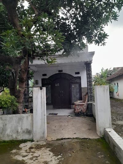 This image presents the exterior entrance of a residential building in Kecamatan Gempol, Indonesia, under an overcast sky. The central feature is a dark brown, possibly wooden, double door with an arched top, on which the house number "23" is clearly visible. Above the door and extending along the eaves of the house, a decorative frieze with a repeating geometric pattern adds an aesthetic touch to the white facade.
In the foreground, two sturdy grey concrete pillars or railings partially frame the view towards the entrance, suggesting a small porch or entryway. The ground leading up to the door is a mix of concrete and earthy patches, with noticeable wet areas, particularly on the right, indicating recent rain or damp conditions. Patches of green moss and small plants are visible along the base of the concrete structures and on the ground.
A large, mature tree with dense green foliage occupies the left side of the frame, its branches and leaves obscuring a portion of the house and reaching towards the sky. Another smaller plant or bush grows closer to the house on the right. The sky is bright but grey, characteristic of an overcast day, providing soft and even lighting across the scene. In the background, part of another dwelling with a light-colored wall and a blue-green window frame can be seen. No people or active events are present, conveying a quiet and still atmosphere in this residential setting.