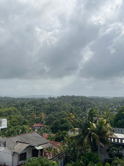 The image depicts an overcast sky over a densely vegetated landscape with scattered buildings in Midigama, Sri Lanka. The foreground features the roofs of several houses, one with a grey corrugated roof and white walls, another with a red-tiled roof. Palm trees and other lush green foliage dominate the midground, with glimpses of more buildings nestled within the trees. The background shows rolling hills covered in vegetation, fading into the misty atmosphere. The overall scene suggests a humid, possibly tropical, environment under a heavy cloud cover. No people or specific actions are visible.
