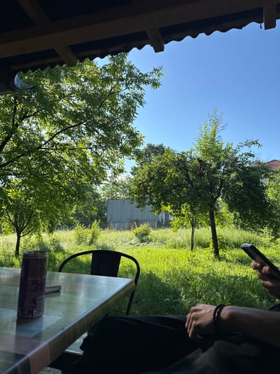 The image displays a sunny outdoor scene, likely a garden or backyard in Troyan, Bulgaria. The clear blue sky dominates the upper left portion of the frame. In the foreground, on the right, a person is partially visible, seated at a light-colored table, possibly glass-topped. They are wearing dark clothing and a black beaded bracelet on their right wrist. Their left hand holds a black smartphone, indicating engagement with the device. On the table, a dark-colored can with indecipherable text on its label is present. A black metal chair is visible behind the table.
To the immediate left, a dark wooden structure, possibly a roof overhang or part of a pergola, with a visible metal gutter, frames the edge of the scene. The mid-ground and background are filled with vibrant green grass and numerous leafy trees. Sunlight filters through the leaves, creating bright highlights and soft shadows. In the distance, behind the trees and grass, a light-colored building or shed can be seen, partially obscured by a fence. The bright sunlight and the contrast between illuminated and shaded areas suggest it is either morning or late afternoon. The overall impression is one of relaxation in a natural, open-air environment. No specific text is clearly legible on any object.