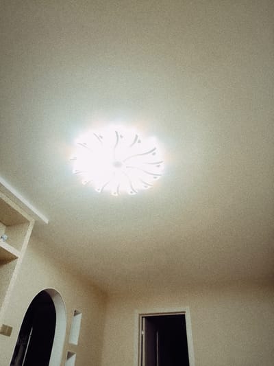 The image shows an interior view of a room, likely a residential or office space, with a focus on the ceiling and a portion of the walls. A modern, circular ceiling light fixture with a floral or starburst design is prominently illuminated in the upper center of the frame. The light emanates brightly, casting a soft glow on the textured, light-colored ceiling.
To the left, a section of a built-in shelf unit or alcove is visible, with a white trim outlining its structure. A small, light-colored object, possibly a decorative item or toy, rests on one of the shelves. Further down on the left, an arched doorway or opening is present, leading into a dark interior space. The walls appear to be painted a neutral, light beige color.
On the right side of the image, a standard doorway with a white frame is visible, also leading into a dark space. The overall impression is one of a well-lit, albeit simple, interior. There are no people or animals visible in the image. The scene is static and appears to be a still photograph. The specific location in Navapolatsk, Belarus, cannot be determined from the visual information provided in the image alone.