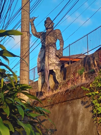 A weathered, stone sculpture of a muscular, human-like figure with animalistic features, possibly a demon or deity, is depicted in an outdoor setting. The figure is partially draped in cloth, with its body contorted as if in mid-motion, one arm outstretched and bent at the elbow. The sculpture appears to be a weathered and aged artifact.
The scene is set against a clear blue sky, suggesting it is daytime, possibly late afternoon or early morning due to the warm, directional lighting casting shadows and highlighting the texture of the sculpture and its surroundings. Numerous dark electrical wires crisscross the foreground and midground, obscuring parts of the sky and the sculpture.
The sculpture rests on a thick, cylindrical object, possibly a utility pole or a structural element, wrapped with rough rope. Behind the sculpture, a concrete wall or embankment is visible, overgrown with dry grasses and some green foliage. At the top of the image, more greenery spills over the edge of a structure, and a slatted metal fence or grating is present.
In the foreground, lush green leaves of a tropical plant are prominent, their broad leaves adding a vibrant contrast to the muted tones of the sculpture and the dry vegetation. The overall impression is one of an ancient or culturally significant object situated within a modern, somewhat cluttered environment. No text is visible in the image.