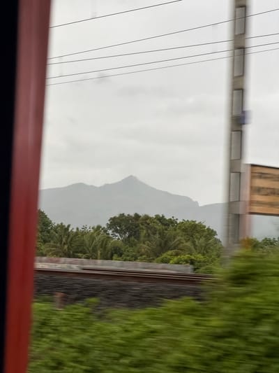 The image captures a blurred, sideways view of a landscape, likely from a moving vehicle in Kelva, India. The foreground is dominated by a dark, reddish-brown band, suggesting the interior of a train or bus. Beyond this, the scene unfolds with a striking contrast between man-made structures and natural elements.
On the left, several thin, dark lines stretch diagonally across a pale, overcast sky, likely representing electrical wires. Above these, a blurred section of a building with horizontal wooden-like panels is visible.
The middle ground reveals the majestic, hazy outline of mountains, their peaks softened by the cloudy sky. Lush green trees, including palm trees characteristic of tropical regions, surround the base of the mountains, creating a dense foliage.
To the right, a blurred expanse of vibrant green foliage suggests more trees or dense vegetation, possibly bordering the tracks. The presence of what appear to be parallel lines, possibly railway tracks, is also discernible amidst the greenery, further suggesting a train journey.
The overall impression is one of a journey through a natural and somewhat developed landscape, possibly during a cloudy or overcast day, given the soft light and lack of strong shadows. The motion blur indicates that the photograph was taken while in transit. No people or specific emotional cues are discernible due to the blur and composition. There is no visible text.