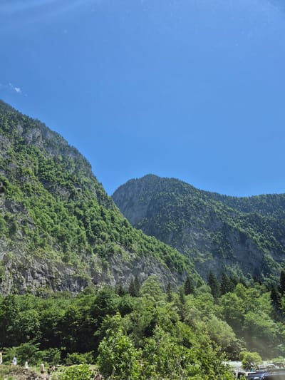 A bright, sunny day with a clear blue sky. The scene is dominated by two large, lush green mountains. The mountain on the left is closer and more detailed, with rocky outcroppings covered in dense vegetation. The mountain on the right is further away and appears less steep, also covered in trees.
At the base of the mountains, a dense forest of trees stretches across the foreground. Some of the trees are taller, with dark green foliage, while others are shorter and lighter green.
In the bottom left corner of the image, a few people are visible walking on a path. They are wearing casual clothing. Further to the right, there is a small clearing with some picnic tables. A few vehicles are parked in the bottom right, some appearing to be SUVs.
The overall impression is of a natural, scenic landscape, likely a tourist destination. The presence of people and vehicles suggests it's an accessible area. The location is described as being in Unknown, Abkhazia.