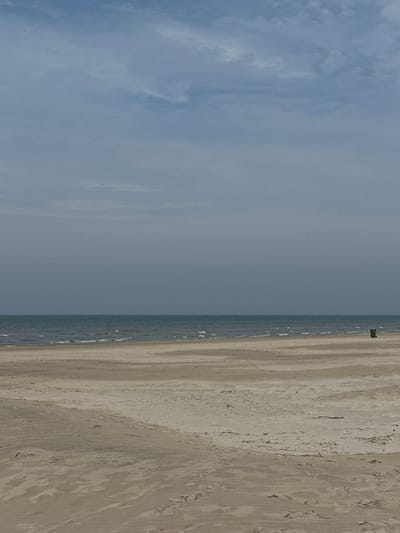 The image, which appears to be rotated 90 degrees clockwise, depicts a tranquil, expansive beach landscape under an overcast sky.
When viewed in its correct orientation, the top portion of the frame is dominated by a pale, blue-grey sky filled with soft, diffuse clouds, suggesting an overcast day. Below the sky, a narrow band of calm, muted blue-grey sea stretches across the mid-ground. Subtle white lines indicate very gentle waves breaking along the shoreline.
The largest portion of the image, extending from the bottom to the right, is a vast expanse of light tan sand. The sand exhibits varying textures, with ripples, undulations, and irregular patterns suggesting the effects of wind or water. Near the horizon line, positioned on the sand towards what would be the left side of the sandy area (when correctly oriented), a small, dark green rectangular object is visible. Its exact nature is unclear due to its distance and size, but it appears to be a solitary structure or object.
There are no people or discernible activities taking place, creating a sense of serene solitude. The lighting is soft and even, characteristic of an overcast day, likely late morning or early afternoon, as there are no harsh shadows. The scene cues are typical of a wide, open beach. No text is visible in the image. Given the location context, this is a coastal scene in Liepaja, Latvia.