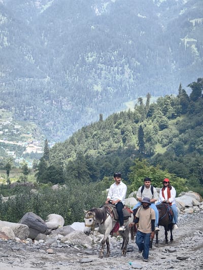 In Palchan, India, a group of four people is shown on a rocky, uphill path. Two individuals are mounted on horses, one riding a white horse on the left and the other on a brown horse on the right. A third person, dressed in a tan t-shirt and blue jeans, walks alongside the horses, appearing to be leading or guiding them. The fourth person, a woman wearing a red cap and orange scarf, is also on the brown horse. The background features a densely forested mountainside with some buildings visible in the distance, suggesting a rural or semi-urban mountain setting. The lighting indicates it is daytime, with some overcast conditions. The overall scene depicts a scenic excursion in a mountainous region.