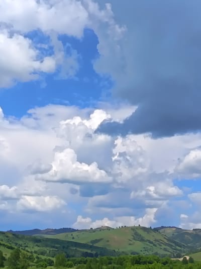The image depicts a landscape scene with rolling green hills under a partly cloudy blue sky. The clouds are varied, with some appearing bright white and fluffy, while others are darker and more ominous. The hills are covered in lush vegetation, with trees dotting the slopes and a denser forest in the foreground. The scene is peaceful and natural, with no people or man-made structures visible. The location is the Altai region, near the village of Soloneshenoye, Russia, known for its natural beauty and picturesque landscapes.