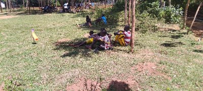 The image shows a group of five young boys sitting on a grassy field in the outskirts of Bungoma, Kenya. They are all wearing casual clothes, and some are wearing yellow shirts. One boy is leaning against a tree, and another is leaning against a fence post. The boys are all looking in different directions, and it appears they are waiting for something or someone. There is a yellow and purple flag on a stick to the left of the center of the image. The ground is covered with a thin layer of grass, which is greener closer to the center of the image and browner around the edges. There are trees in the background and to the right side of the image.  The location of the image based on the coordinates is in a residential area with a mix of homes and businesses on the outskirts of Bungoma, Kenya.