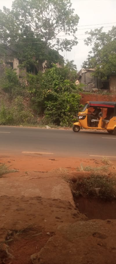 This image depicts a daytime street scene in Ogidi, Nigeria, under an overcast sky. In the foreground, reddish-brown earth and cracked, uneven concrete or hardened ground are visible, interspersed with patches of sparse green grass and small plants. A shallow, eroded ditch is present on the far right. The midground features a dark asphalt road with a faint white line marking on its right edge. A yellow three-wheeled auto-rickshaw, equipped with a dark canopy, is in motion, traveling from right to left across the road. A single individual in dark attire is discernible in the driver's seat. The background consists of dense green vegetation, including large trees with visible branches and smaller bushes, lining the elevated terrain behind the road. Partially obscured by trees on the left side of the background is a multi-story, dilapidated building with a light-colored, weathered facade and a dark roof. Further to the right, behind additional foliage, a smaller, simpler structure with a dark, possibly tarp-covered roof is present. Multiple thin, dark utility lines are strung horizontally across the upper portion of the scene, passing through the tree canopy.