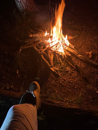 A bonfire burns brightly in a dark, wooded area. The fire is made of branches and twigs. A person wearing pants and a shoe is visible in the lower right corner of the frame. The ground is covered in leaves, twigs, and patches of grass. The location is Krasnyi Jar, Russia.