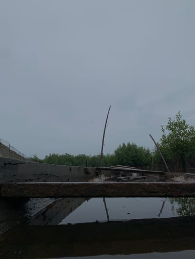 The scene is in Ibasa, Nigeria. The image shows a body of water, likely a river or creek, with a concrete and rusty metal structure along the edge. The sky is overcast and grey. Lush green vegetation grows along the opposite bank. There are thin poles extending from the water. Barbed wire is visible atop the concrete structure.