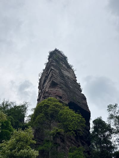 The image shows a tall, narrow, rocky peak in Luoguta, China, surrounded by green trees. The sky is overcast. The rock face has many vertical fissures and is light brown and gray.
