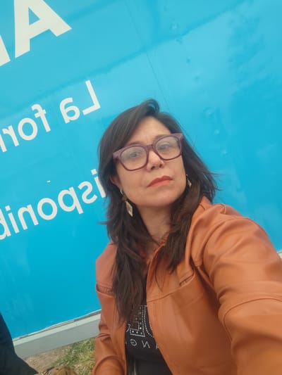 A woman with dark hair and glasses is taking a selfie outdoors in front of a blue wall with white text. The text on the wall is partially obscured and appears to be in Spanish. The woman is wearing a brown leather jacket over a black shirt with white embellishments. Her left ear has a dangling earring. The bottom of the image shows a gray structure, grass, and what appears to be the edge of a bag on the ground. The lighting suggests it is daytime.