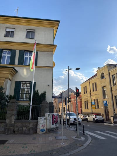 This media file depicts an outdoor scene in Vracar, Serbia, on a sunny day. The perspective is angled, looking up at buildings and the sky.
Prominently featured is a building with a light-colored facade and yellow decorative trim. Two stories are visible, each with multiple windows. The lower story has dark green shutters, and one window is barred. A flag with red, white, and green stripes is flying from a flagpole attached to the building.
Across the street, another building with a light beige facade displays yellow signs with blue parking symbols, indicating designated parking areas. A red traffic light is visible, suggesting an intersection. Several cars are parked along the street, including a white Citroën and a white BMW.
The street itself is paved with gray tiles and features a crosswalk marked with white stripes. A sidewalk with brick paving runs alongside the street. There are several lampposts and traffic signals. Graffiti is visible on a few white rectangular structures on the sidewalk.
The sky is bright blue with scattered white clouds, and sunlight streams through, casting shadows and highlights. The overall impression is a typical urban street scene during daylight hours. Some text is visible on street signs, including what appears to be Ukrainian street names and numbers, and graffiti on the white boxes.