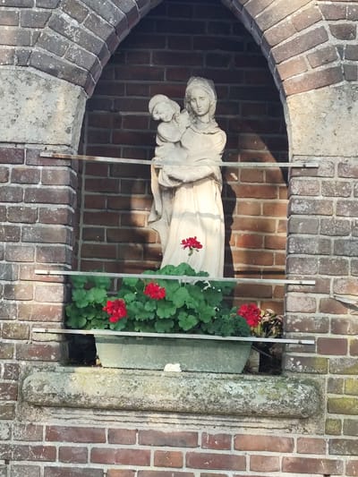 This media file depicts a niche in a brick wall, housing a statue of the Virgin Mary holding the infant Jesus. The statue is made of a light-colored material, possibly stone or plaster, and is draped in flowing garments. Mary wears a head covering, and her gaze is directed downwards. The infant Jesus is held securely in her arms.

In front of the statue, a planter box filled with vibrant red geraniums and lush green foliage is visible. Two prominent red flowers stand out against the greenery. The planter box itself appears to be made of a light green plastic.

The niche is framed by a rough stone arch and surrounded by weathered red brick. The brickwork shows signs of age and some weathering. Two thin metal bars run horizontally across the niche, one above the planter box and one below the statue's base, possibly as a support or decorative element.

The lighting suggests it is daytime, with sunlight casting shadows on the brick wall behind the statue. The overall scene evokes a sense of reverence and serenity, commonly found in religious shrines or devotional spaces. The location context is Schaijk, Netherlands. There is no visible text in the image.