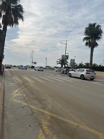 The image displays a two-lane asphalt road in L'estartit, Spain, situated adjacent to a sandy beach. The sky is overcast with a blanket of grey, patchy clouds. Prominent in the foreground on the left is the trunk and fronds of a large palm tree, with another similar palm tree positioned on the right side of the frame.

The road features a faded pedestrian crossing (zebra stripes) in the mid-ground. Yellow, cracked painted lines are visible on the asphalt in the foreground, indicating a no-parking or restricted area. On the right lane, a white BMW 1-series hatchback (F20/F21 generation) is positioned, facing away from the camera. Its rear license plate is yellow with a blue vertical stripe on the left edge, consistent with an Israeli registration. Adjacent to this vehicle, a line of several grey waste and recycling bins is present.

Further down the road, in the left lane, a silver convertible is visible, also moving away from the camera. Additional vehicles, including cars and vans, are parked or in motion in the distance along the roadside bordering the beach. Streetlights with dark poles and attached banners are visible; one on the right features a green banner with a circular symbol. Various road signs are mounted on poles in the mid-distance. A low, light-colored wall or barrier separates the road from the sandy beach, with the sea line faintly visible on the distant horizon under the cloudy sky. No human figures are distinctly visible within the scene. The overall lighting is diffused, consistent with an overcast day.