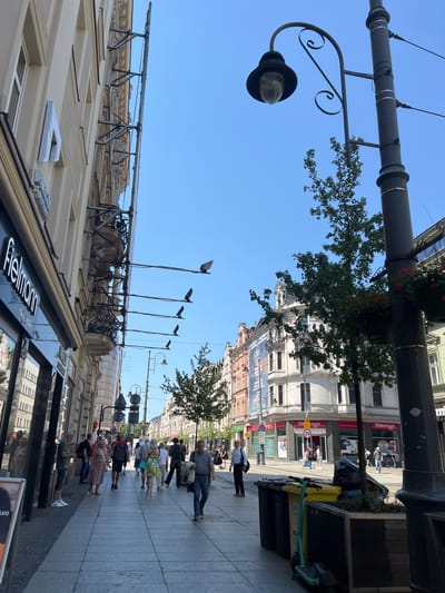 The image captures a street scene in Katowice, Poland, on a clear, sunny day. The perspective is from street level, looking upwards, giving a unique view of the architecture and sky. A prominent street lamp with an ornate design hangs from a large overhead structure, extending towards the viewer. Lush green trees with full foliage are interspersed throughout the scene, adding a natural element to the urban environment.
People are visible walking along the sidewalk, engaged in various activities. Some are strolling casually, while others appear to be in conversation or on their way to a destination. The crowd suggests a lively and bustling atmosphere, indicative of a typical day in a city. Among the people, there are men, women, and some children, dressed in casual summer attire.
The buildings lining the street are a mix of architectural styles, with some featuring classical facades and others displaying more modern designs. Ornate details can be seen on some of the older buildings, hinting at the historical character of the location. The sidewalk is paved with grey tiles, and a yellow trash receptacle and a green electric scooter are visible near the buildings, common objects in a contemporary urban setting.
Visible text includes a sign that reads "Fielmann," which appears to be a business name, possibly an optical shop, indicated by the clear lettering on a dark background. Another sign with a red circle and the number "20" suggests a speed limit. The overall impression is one of a vibrant, sunlit street in a European city, filled with people and reflecting a sense of everyday life. The time of day is likely midday or early afternoon, given the bright sunlight and clear blue sky.