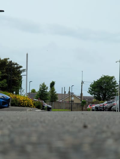 A low-angle, eye-level, medium shot captures a cloudy, overcast day with a focus on a parking lot and a nearby garden in Waterford, Ireland. In the foreground, a gray asphalt surface is textured with pebbles and small indentations, blurring into a soft focus. Beyond this, a vibrant bed of yellow flowers borders a parking lot where several cars are parked in a row, mostly in dark, muted tones, including a blue car visible on the far left. Behind the cars and flowers, a low stone wall separates the parking area from a strip of green foliage and trees, with some buildings and a tall, slender communication tower in the background. The sky is a uniform, hazy gray, with a few distant birds visible.