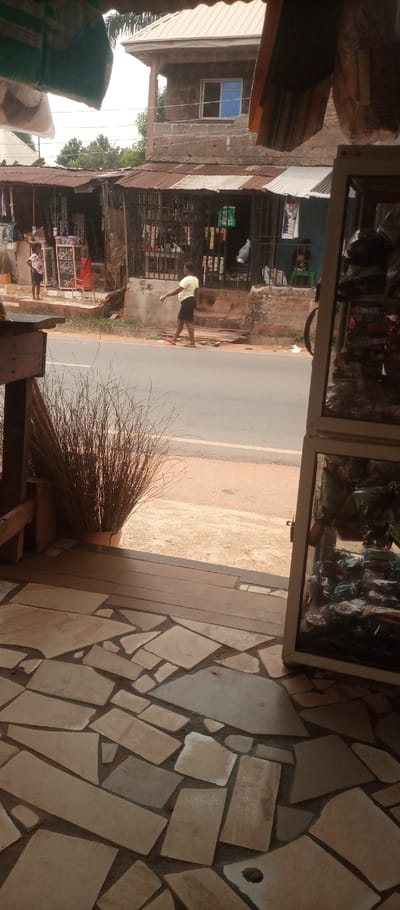 The image depicts a street scene in Umuoji, Nigeria, viewed from the interior of a commercial establishment looking outwards. The foreground features an irregular flagstone tiled floor and a bundle of dry, upright broomsticks or straw positioned on the left, next to a wooden structure. On the right, a vertical section of a display case containing various packaged goods is visible.
In the midground, a paved, dark-colored two-lane road runs horizontally across the frame. Reddish-brown dirt shoulders flank both sides of the road.
The background comprises a row of buildings and individuals situated across the street. Immediately beyond the road are several single-story commercial structures or stalls, each topped with a rusty corrugated metal roof. These structures feature metal grates or bars, and merchandise, including packaged items and hanging products, is displayed both inside and outside. A young person, possibly female, in a light-colored top and dark bottom, stands on the left side near one of these shop displays. A red plastic chair is visible nearby. Further to the right, another person is seated on a green plastic chair outside a shop. An adult individual, wearing a light yellow short-sleeved top and dark shorts with red sandals, walks from left to right across the dirt shoulder on the far side of the road, facing forward with their left arm slightly extended.
Behind these single-story shops, a two-story building constructed with unplastered concrete blocks and a lighter corrugated metal roof rises. The upper floor exhibits a prominent window with a blue-tinted pane. Overhead utility wires traverse the scene, and green foliage from trees is visible in the distance beyond the buildings. The sky is bright, indicating daylight conditions.