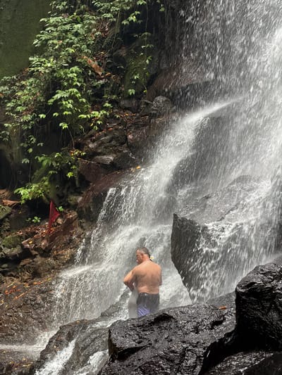 A man, appearing to be in his 40s or 50s with a muscular build and short, graying hair, stands in the middle of a cascading waterfall. He is wearing dark blue swimming shorts and has a white flower tucked behind his left ear. The man is facing away from the camera, towards the falling water, with his arms bent at the elbows, hands clasped in front of him. He is positioned on wet, dark rocks at the base of the waterfall.
The waterfall itself is a prominent feature, with a large volume of water plunging down over dark, mossy rocks. The water creates a misty spray that obscures some of the background. Lush green vegetation, including vines and broad-leafed plants, grows on the rocky cliffs to the left of the waterfall. A small, bright red cloth is visible on a rock near the vegetation. The overall environment is a tropical, natural setting, likely a secluded area within the city of Gianyar, Indonesia, known for its numerous waterfalls. The lighting suggests it is daytime, with diffused light filtering through the mist and foliage.