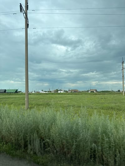 The image shows a rural landscape with a cloudy sky. In the foreground, a tall concrete utility pole with electrical wires stretches vertically. To the right of the pole, a vast green field extends into the distance. Several houses with red and white roofs are visible in the middle ground, lined up along a road. Beyond the houses, more utility poles are scattered across the horizon, suggesting a sparsely populated area. A green train car is partially visible on the far right, hinting at nearby railway infrastructure. The overall scene appears to be set in the daytime under an overcast sky, with the sun likely diffused by the clouds. The green fields suggest it's likely springtime or summer. The location is identified as Qarabalıq, Kazakhstan. There is no discernible text in the image.