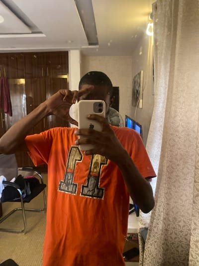 A person is taking a mirror selfie, holding up an iPhone to capture their reflection. They are wearing an orange t-shirt with a design on it that appears to be the number "11" in large letters with a camouflage pattern inside the outlines. The background shows a bedroom setting with curtains, a wardrobe, and a glimpse of a television. The lighting suggests it could be daytime or evening, with artificial lights also present. The overall mood seems casual, as indicated by the person's relaxed pose and the home environment. There is no visible text in the image that is legible.