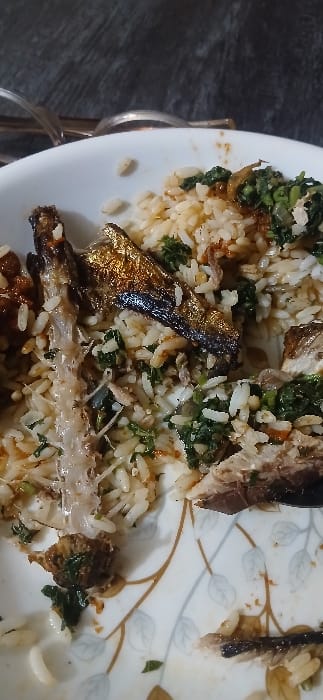 The scene depicts a partially consumed meal on a white ceramic plate in Sabon Gari West, Nigeria. The plate contains white rice mixed with fragmented green leafy vegetables and traces of a reddish-brown sauce. Central to the composition are remnants of cooked fish, specifically an identifiable fish spine with ribs and translucent tissue, alongside a distinct piece of fish with dark skin and visible flesh. Smaller pieces of fish are scattered amongst the rice and vegetables. The white ceramic plate is adorned with a recurring pattern of brown and grey leaf outlines along its lower-right quadrant. The immediate background is blurred, dark grey, and a metallic utensil handle, consistent with a spoon or fork, is partially visible in the upper background. No individuals or active interactions are present.