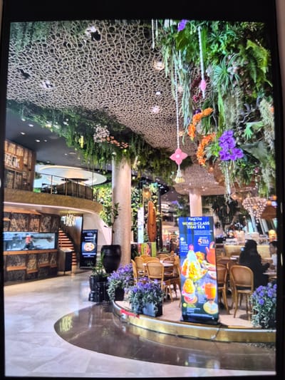 The image shows an indoor scene, possibly within a restaurant or shopping mall, featuring a mix of decorative elements and functional spaces. The location is Mont-Saint-Martin, France.

The foreground and left side of the image are dominated by a decorative wall covered in a mosaic-like pattern. This wall is also adorned with various plants and flowers.

In the middle ground, there is a restaurant area with tables and chairs. A promotional sign advertising "Fong Cha World Class Thai Tea" is visible. People are seated at some of the tables.

The background shows architectural features and signage, suggesting a commercial environment. Overall, the scene presents a blend of natural and artificial elements, creating a visually rich environment.