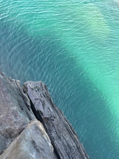 This is a high-angle, close-up shot of the edge of a rocky cliff overlooking clear turquoise water. The rocks in the foreground are dark gray and rough, with visible layers and textures. The water exhibits gentle ripples and varies in color from deep blue to vibrant turquoise, with sunlight creating brighter patches and highlights. The scene evokes a natural coastal environment, consistent with the rocky shores found in areas like Argelès-sur-Mer, France. There are no people or animals visible in the frame.