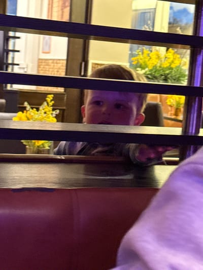 The image, captured in Bredene, Belgium, depicts a young child's face peeking through prominent dark, vertical bars. The child is seen from a low angle, with their head tilted sideways, looking directly at the viewer with a curious expression. A blurry hand is visible near their head, possibly gripping a surface or one of the bars.
In the mid-ground, behind the bars, there is a wooden table or furniture surface. The background features decorative elements, including clusters of bright yellow artificial flowers, which add a pop of color to the scene. Further in the background, a light-colored building or structure with discernible windows is visible, suggesting an indoor setting with a view to another room or an outdoor area. Part of an adult's arm or clothing, appearing as blurry purple fabric, occupies the upper right corner of the frame.
The lighting appears to be a mix of natural light from the background and some artificial illumination, casting a soft glow. The scene evokes a sense of playful observation. There is no visible text in the image.