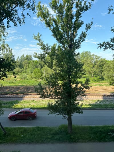 The image depicts a scene in Fedorino, Russia. A red car is parked on the side of a road, next to a tree. Beyond the road are railroad tracks and a wooded area. The sky is blue with some clouds. The image appears to be taken from an elevated position, possibly a building.
