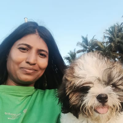 A woman with dark hair, wearing a green t-shirt, is holding a medium-sized, shaggy dog. The dog is primarily white and brown. The background includes a blue sky and palm trees. It's likely a daytime photo taken outdoors. There are no other visible people or objects of significance, and the location is likely a park or beach near Badem, India.