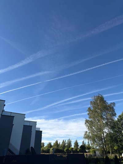 The image shows a bright, clear blue sky with numerous white contrails from aircraft, crisscrossing the sky in a geometric pattern. In the lower left of the frame, a modern building with dark grey and white facades is visible, featuring external staircases and balconies. To the right of the building, a line of trees forms a green backdrop, with a large, leafy tree dominating the mid-right section of the image. The ground area in the foreground appears to be a yard or garden, with fencing and some landscaping. The scene suggests an outdoor environment, possibly a residential area, in Junglinster, Luxembourg, under a sky filled with the trails of high-altitude aircraft. There are no people visible in the image.