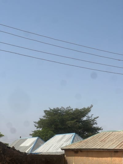 The image displays an outdoor scene in what is identified as a residential area of Birnin Kebbi, Nigeria, under a pale blue sky. The upper third of the frame shows a clear sky horizontally traversed by four parallel power lines. Scattered across the sky are multiple faint, dark, circular artifacts, consistent with lens dust or sensor smudges. Below the power lines, a large, dense, dark green tree occupies the central portion of the mid-ground. In the foreground, the upper sections of multiple buildings are visible. Two prominent structures feature sharply angled, corrugated metal roofs; these roofs are silver in color with light blue trim along their edges. To the immediate right, another building's flatter roof, constructed from rusted, brown corrugated metal, is partially visible, with a section of its light brown or ochre-colored wall beneath it. A dark, rough-textured wall, likely constructed from brick or concrete blocks, runs across the lower left foreground, obscuring the base of the structures and the lower part of the tree. No individuals or active movements are depicted in the static scene.
