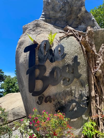 The image is a close-up shot of a large, rough-textured rock face that has been transformed into a signage. Black metal cutouts of letters are affixed to the rock, forming the word "Baan" followed by a stylized palm tree silhouette and the word "Lami". The letters are large, bold, and have a rustic, handcrafted appearance.

The rock itself appears to be a natural part of a landscape, with exposed roots from a tree growing over it and around the signage. Lush green foliage and vibrant pink and white flowers spill over the edges of the rock in the lower right portion of the image, adding a touch of natural beauty and color to the scene.

The overall setting suggests an outdoor location, likely in a warm climate given the vegetation and clear blue sky visible in the background. The lighting indicates it is daytime, with sunlight casting shadows from the metal letters onto the rock. The image is captured from a slightly low angle, looking up towards the signage. The combination of natural rock, metallic lettering, and flourishing plants creates an inviting and slightly exotic atmosphere. The text "Baan Lami" clearly indicates the location as Baan Lamai, Thailand.